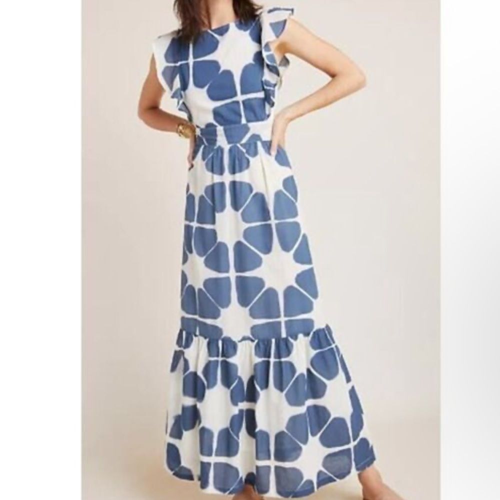 The Odells Seville Maxi Dress Ruffle Boho Artsy Beach Sorento White Blue in S